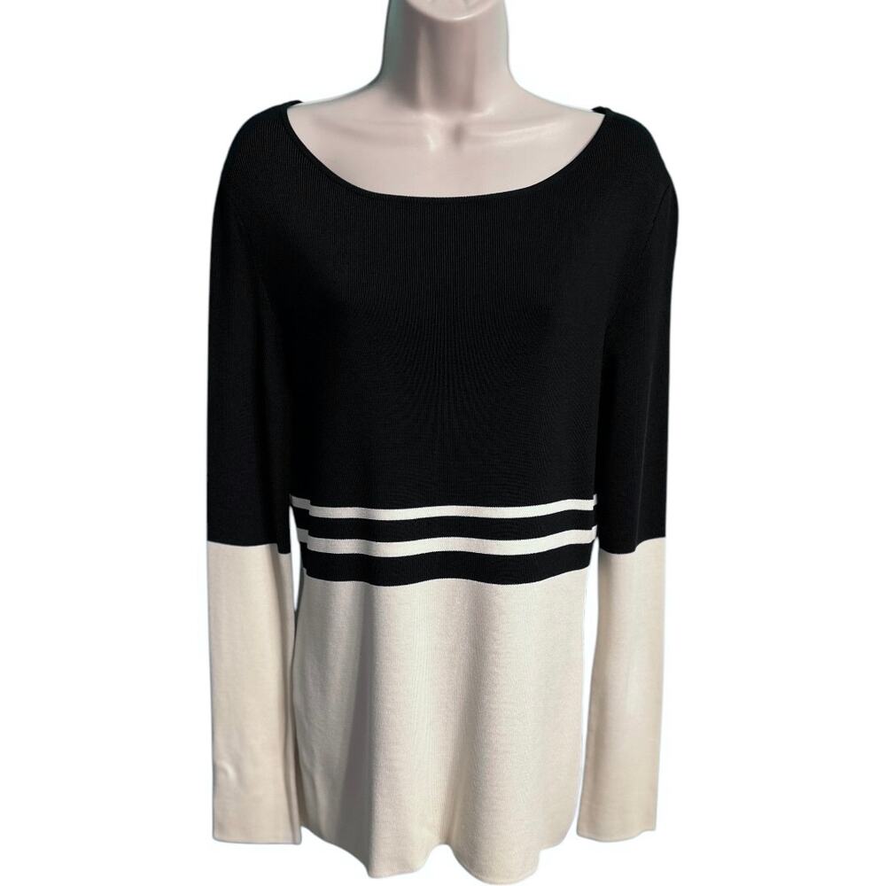 Dana Buchman Black & Cream Stripe Tunic Sweater Made In Hong Kong Size Small